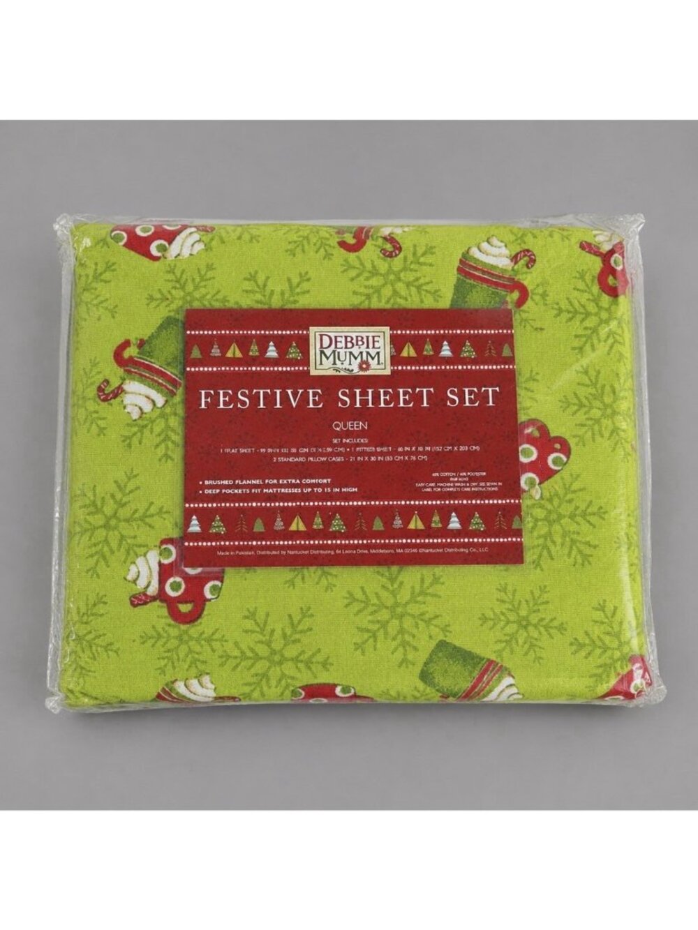 DEBBIE MUMM Queen Size Festive Flannel Sheet Set Christmas Holiday Hot Chocolate